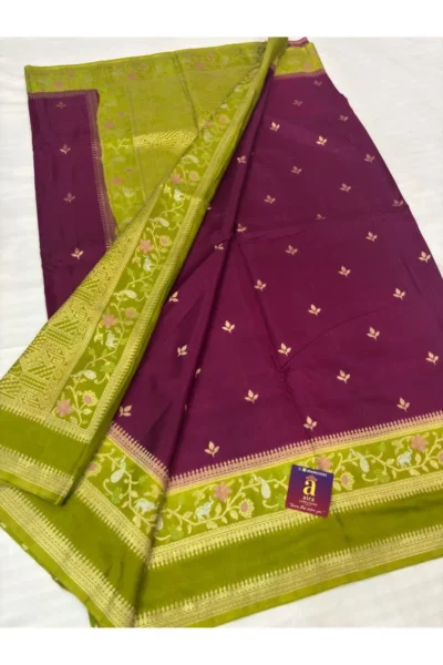 Purple Banaras Fancy Saree with Green Pallu and Border