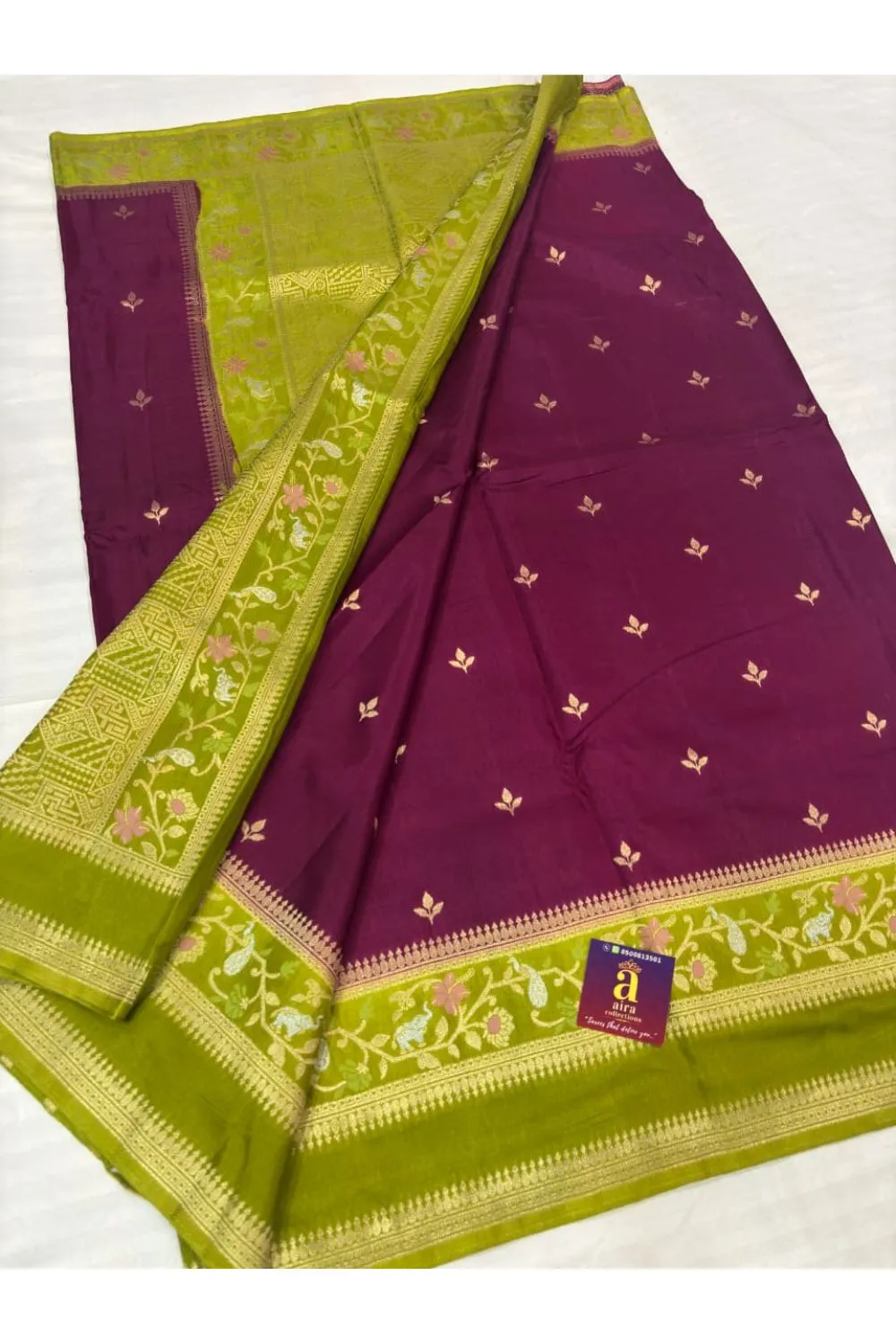 Purple Banaras Fancy Saree with Green Pallu and Border