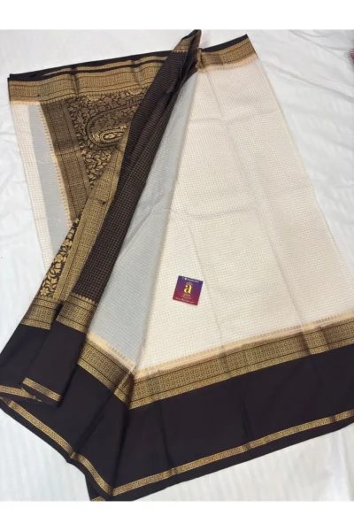 Cream Fancy Mysore Silk Saree with coffee brown zari border and vintage checks pattern