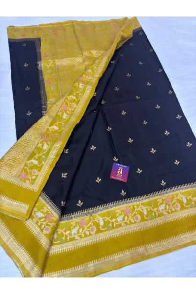 Dark Blue Banaras Fancy Saree with mustard yellow floral zari border and gold butta weaving
