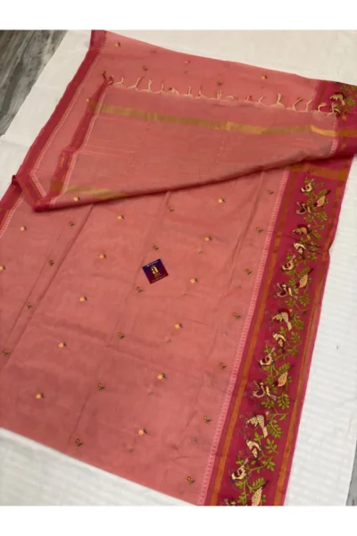 Dusty Rose Pure Jamdani Cotton Saree with artistic bird motif border and floral butta weaving