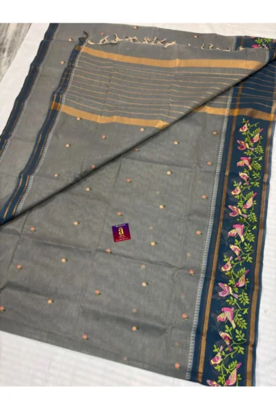 Grey Pure Jamdani Cotton Saree with navy blue bird motif border and floral butta weaving
