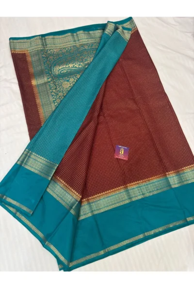Maroon Fancy Mysore Silk Saree with peacock blue zari border and vintage checks pattern
