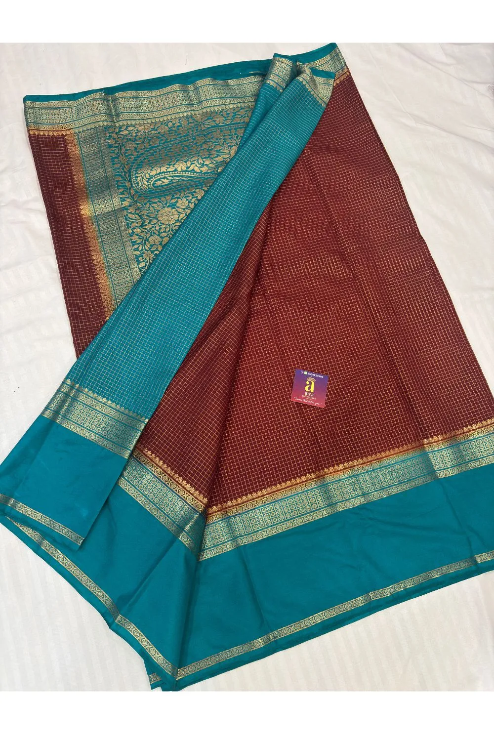 Maroon Fancy Mysore Silk Saree with peacock blue zari border and vintage checks pattern