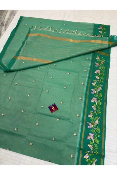 Mint Green Pure Jamdani Cotton Saree with artistic bird motif border and floral butta weaving