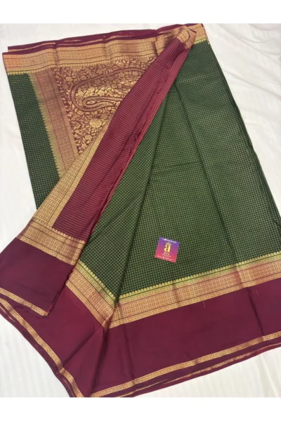 Olive Green Fancy Mysore Silk Saree with maroon zari border and vintage checks pattern