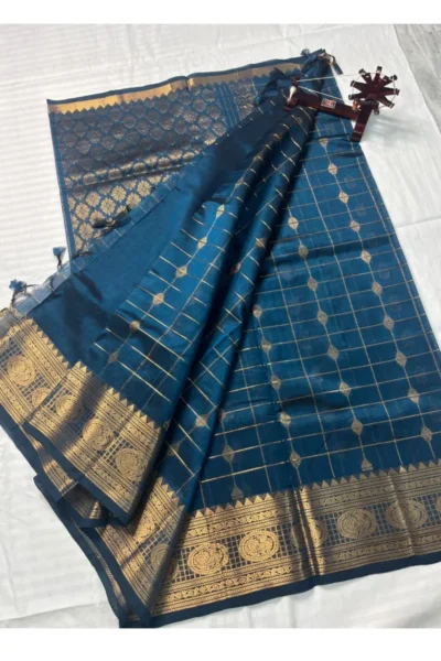 Royal Peacock Blue Mangalagiri Pure Pattu Saree with rich golden zari weaving and grand traditional border
