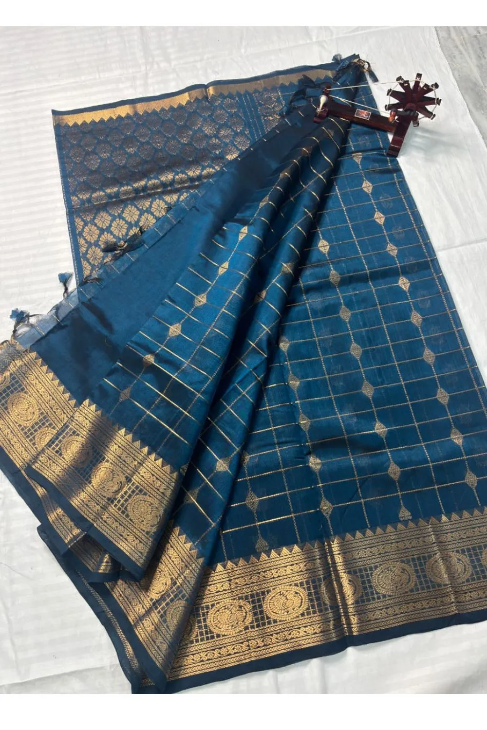 Royal Peacock Blue Mangalagiri Pure Pattu Saree with rich golden zari weaving and grand traditional border