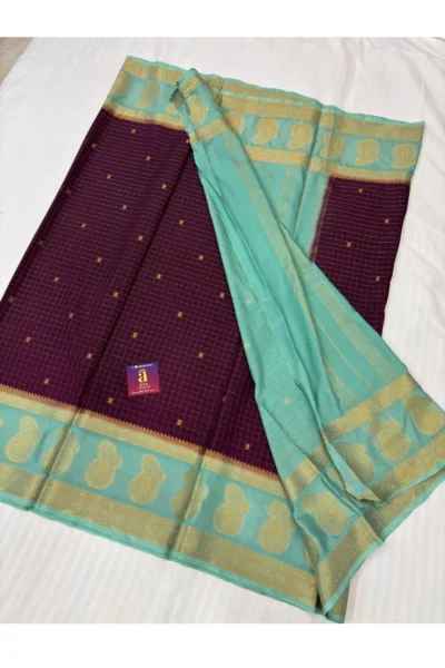 Wine Maroon Banaras Georgette Saree with sea green paisley zari border and vintage checks weaving