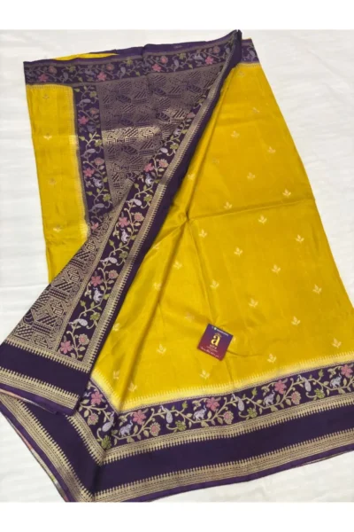 Yellow Banaras Fancy Saree with Purple Pallu and Border