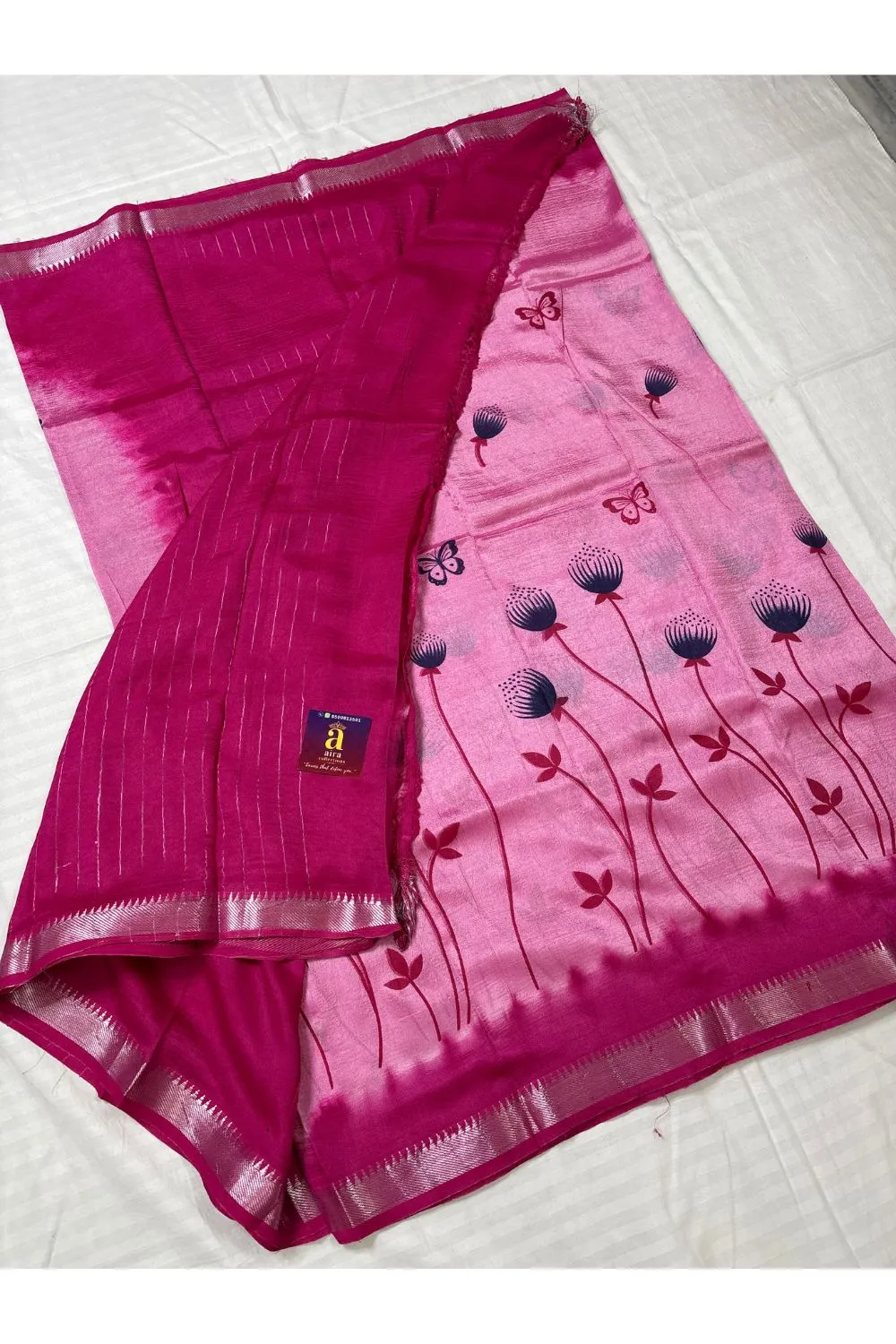 Baby Pink Fancy Saree with Rani Pink pallu and silver zari border