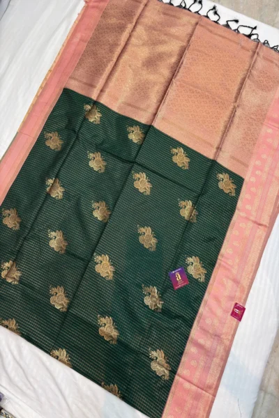 Bottle Green Premium Fancy Saree with Blush Pink zari border and pallu