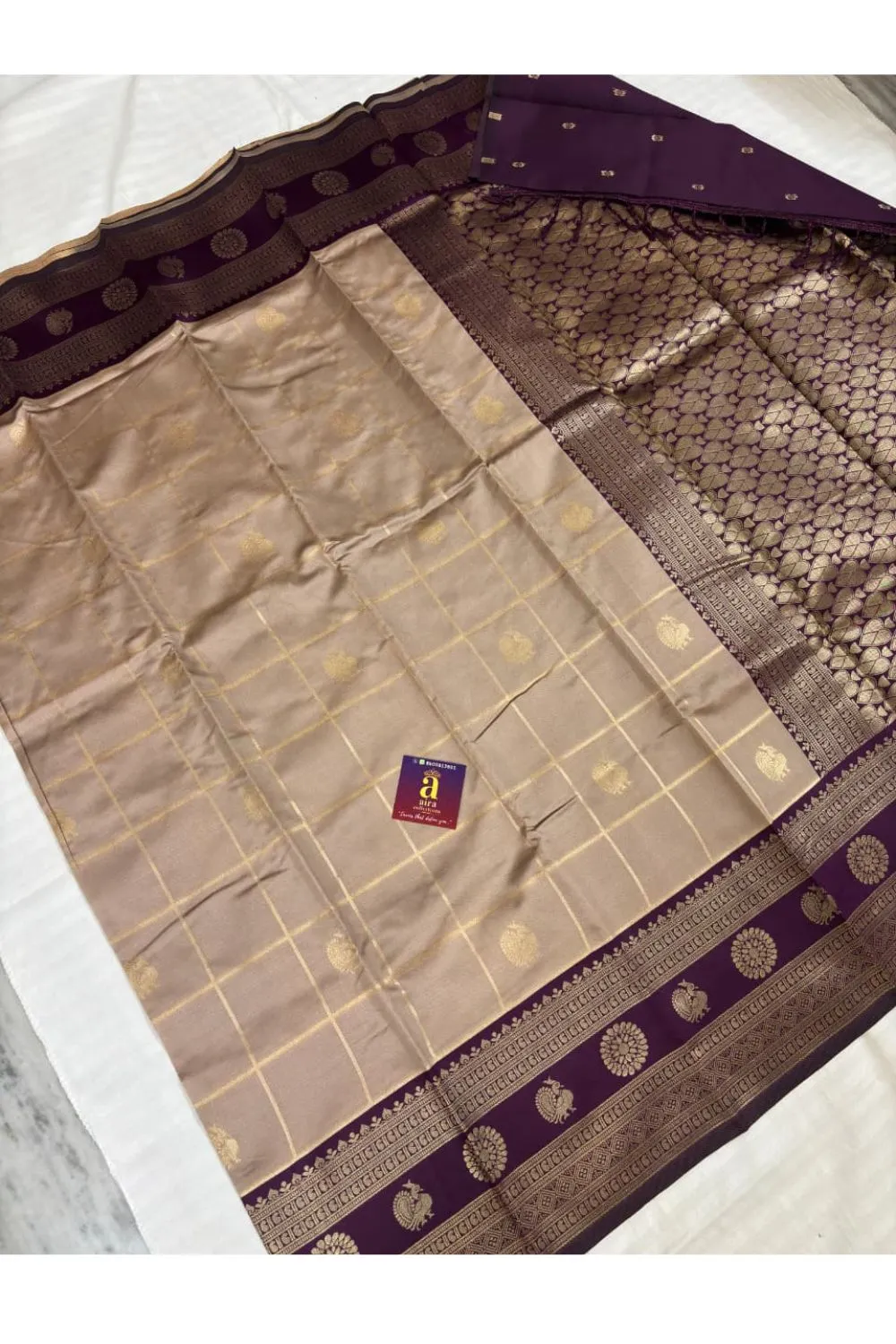 Champagne Beige Fancy Saree with Deep Purple zari border and designer pallu