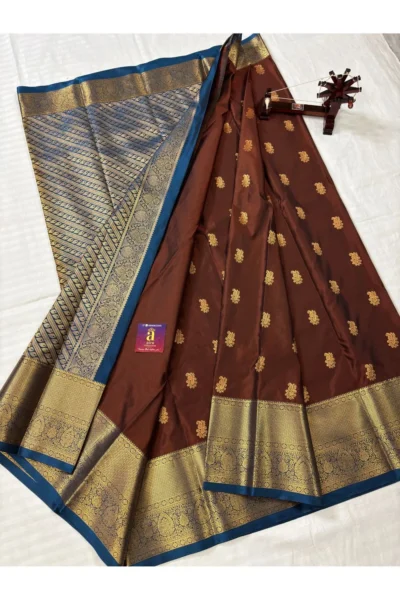 Coffee Brown Dharmavaram Semi Pattu Saree with rich Royal Steel Blue zari border
