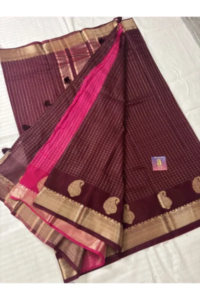 Coffee Brown Fancy Saree with silver zari border and contrast Rani Pink pallu