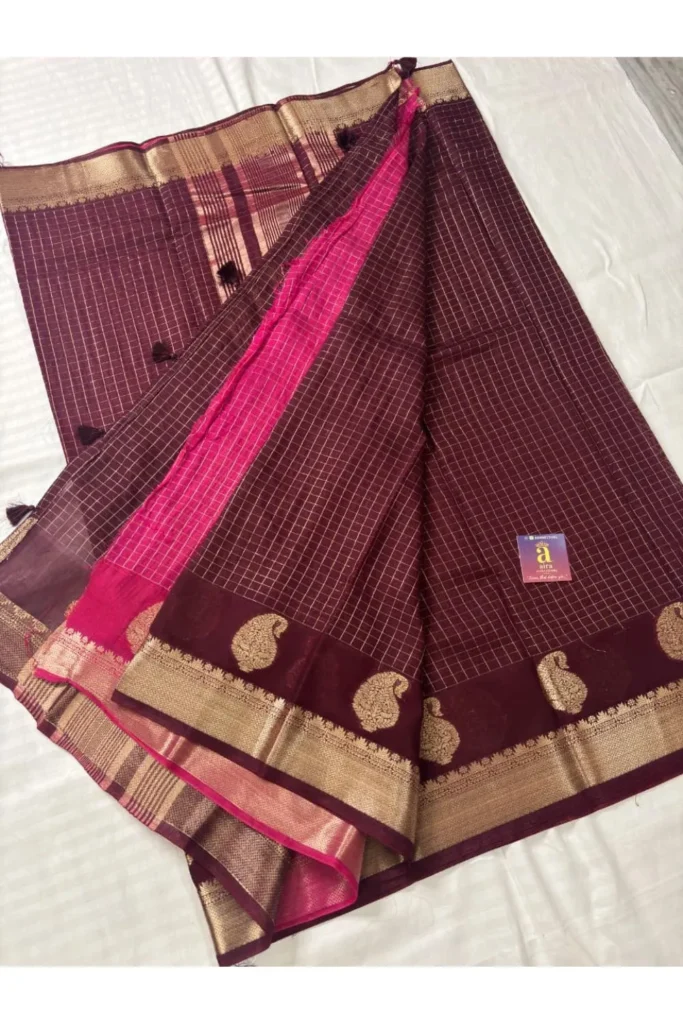 Coffee Brown Fancy Saree with Silver Zari Border & Contrast Rani Pink Pallu
