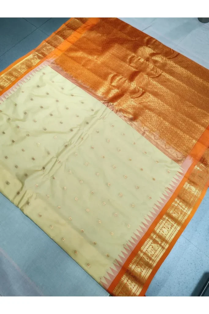 Cream Gadwal Semi Pattu Saree with Orange Zari Border & Rich Pallu