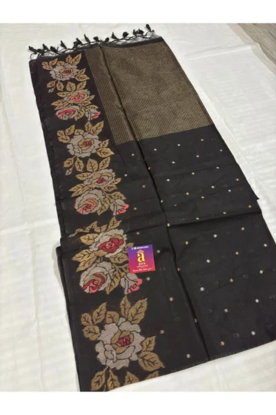 Dark Coffee Brown Cotton Saree with elegant floral woven border
