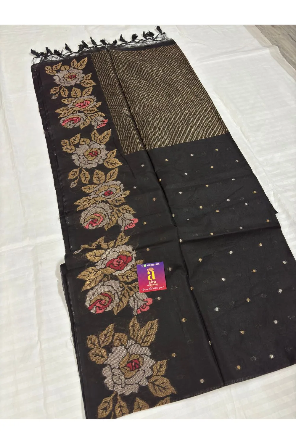 Dark Coffee Brown Cotton Saree with elegant floral woven border