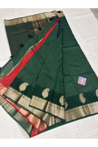 Deep Green Fancy Saree with silver zari border and contrast red pallu