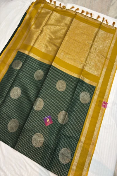 Deep Green Premium Fancy Saree with Mustard Gold zari border and woven pallu