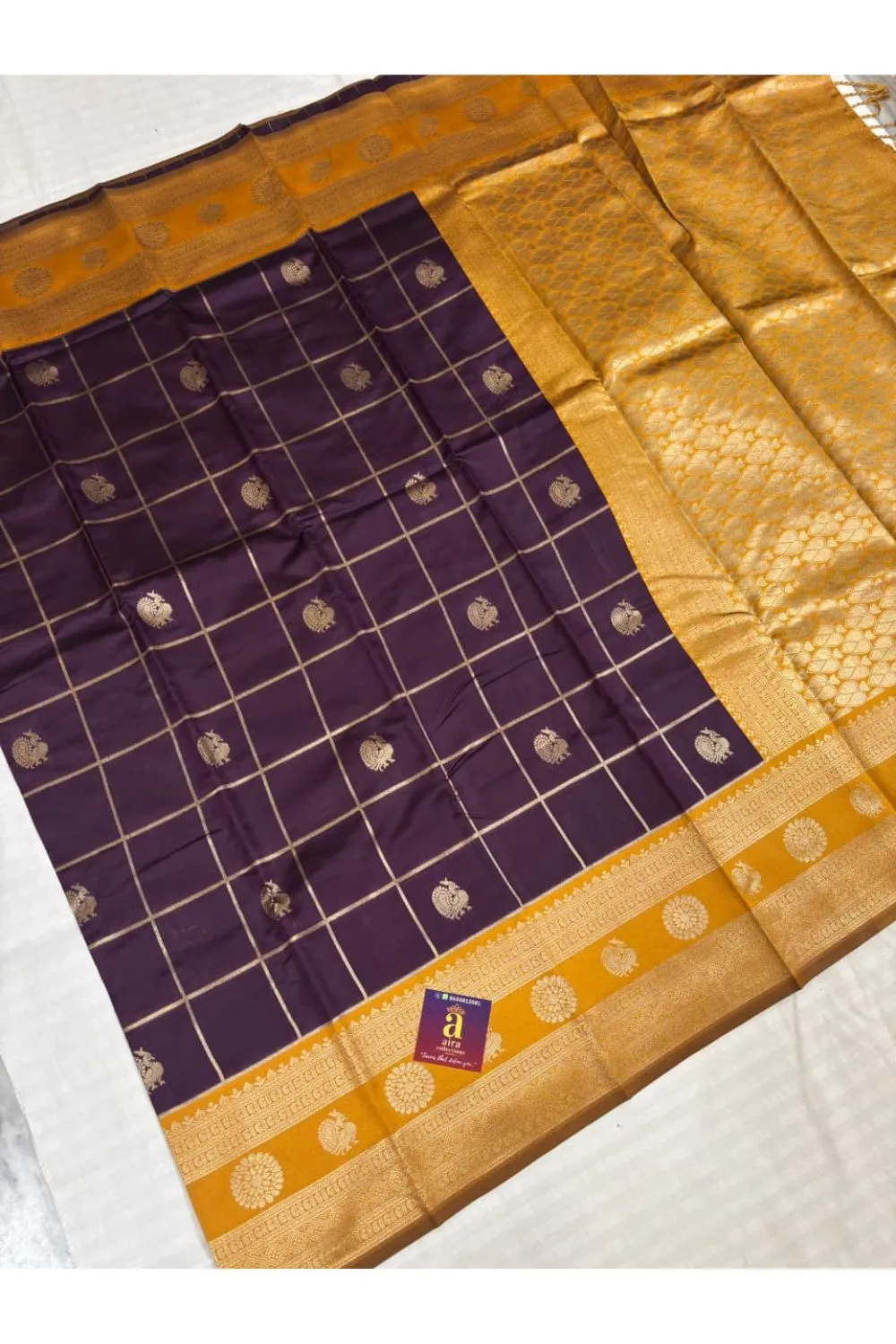 Deep Purple Fancy Saree with Mustard Gold zari border and designer pallu