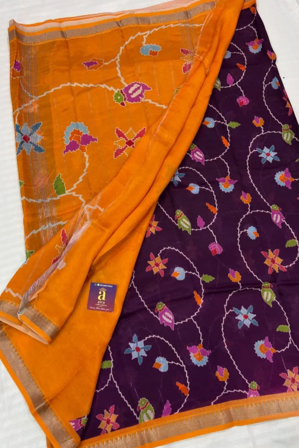 Deep Purple Mangalagiri Digital Print Saree with colourful floral print and Mustard Orange pallu
