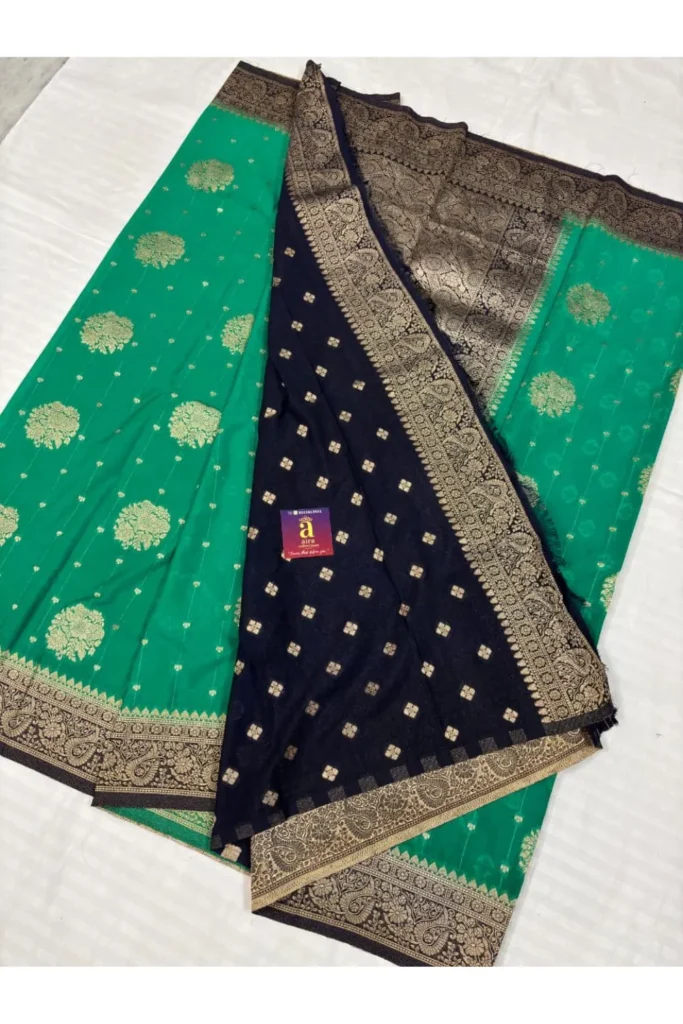 Emerald Green Fancy Saree with Black Pallu & Antique Gold Zari Border
