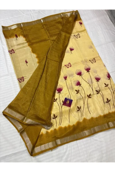 Golden Yellow Fancy Saree with Mustard Gold pallu and silver zari border