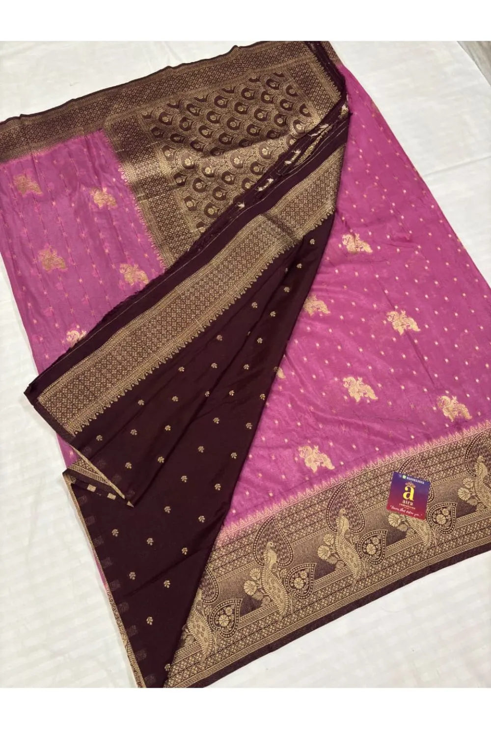 Lavender Pink Fancy Saree with Coffee Brown pallu and antique gold zari border
