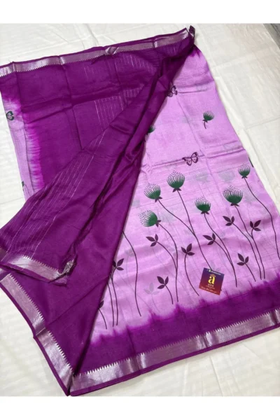 Lavender Pink Linen Saree with Purple pallu and elegant floral print