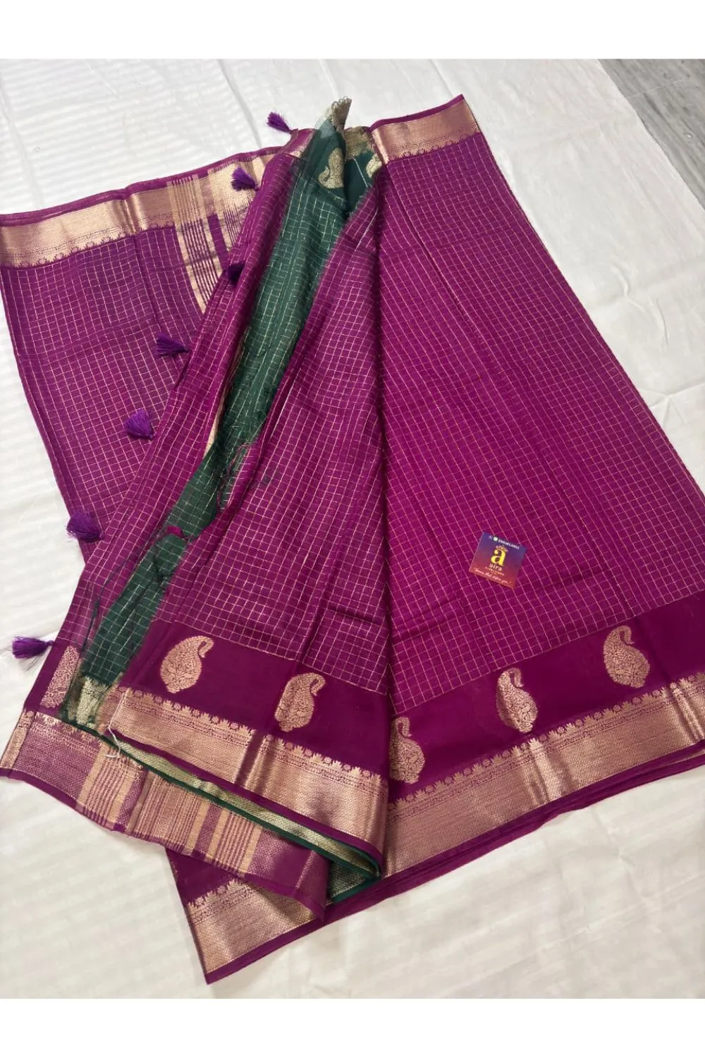 Magenta Fancy Saree with Silver Zari Border & Contrast Bottle Green Pallu