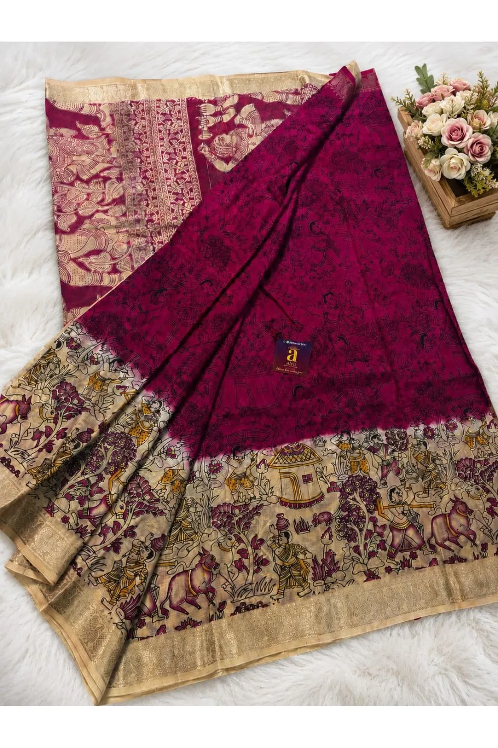 Magenta Mangalagiri Fancy Saree with traditional Kalamkari-inspired border and antique gold woven pallu