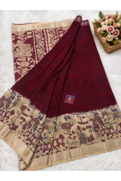 Maroon Mangalagiri Fancy Saree with heritage Kalamkari border and antique gold woven pallu