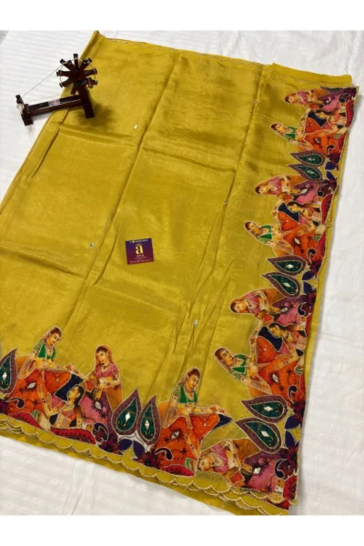 Mustard Yellow Mangalagiri Pure Pattu Saree with handcrafted traditional appliqué border