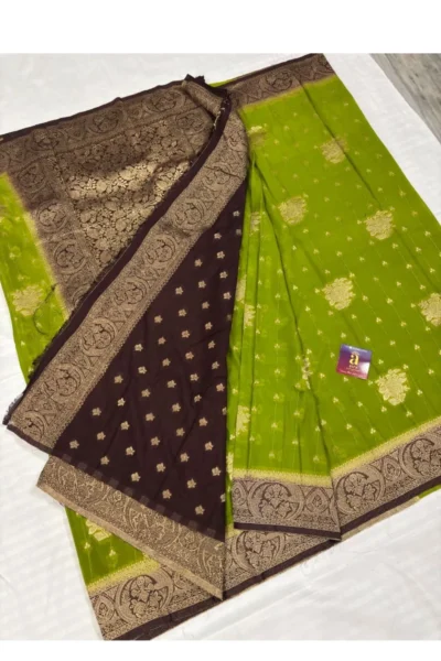 Parrot Green Fancy Saree with Coffee Brown pallu and antique gold zari border