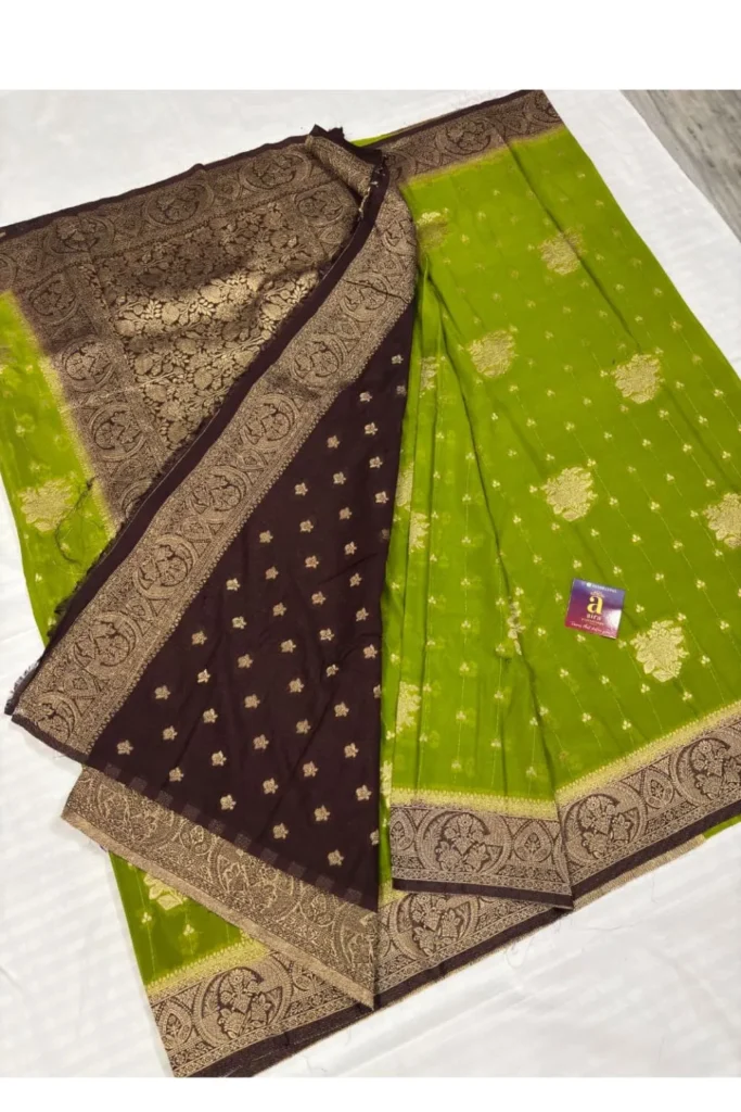 Parrot Green Fancy Saree with Coffee Brown Pallu & Antique Gold Zari Border