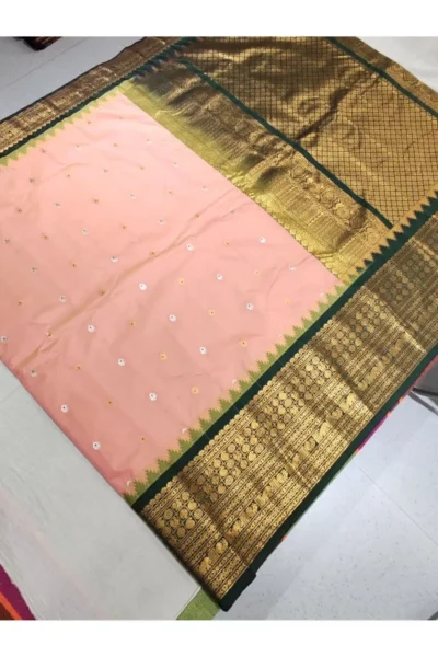 Peach Gadwal Semi Pattu Saree with Dark Green zari border and rich woven pallu