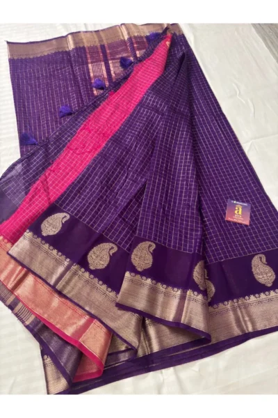 Royal blue Fancy Saree with Silver Zari Border & Contrast Rani Pink Pallu