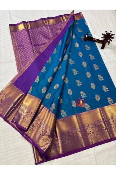 Royal Peacock Blue Dharmavaram Semi Pattu Saree with Regal Purple zari border