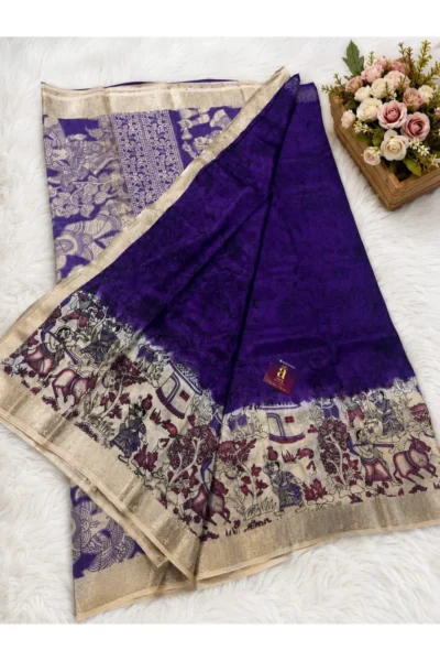 Royal Purple Mangalagiri Fancy Saree with traditional Kalamkari-inspired border and antique gold woven pallu