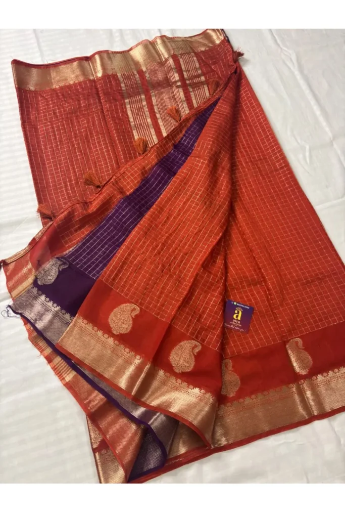 Rust Orange Fancy Saree with Silver Zari Border & Contrast Royal Purple Pallu
