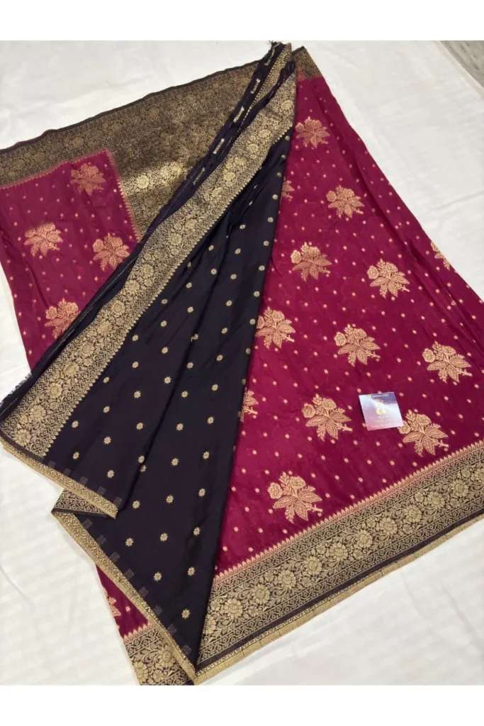 Wine Pink Fancy Saree with Black Pallu & Antique Gold Zari Border
