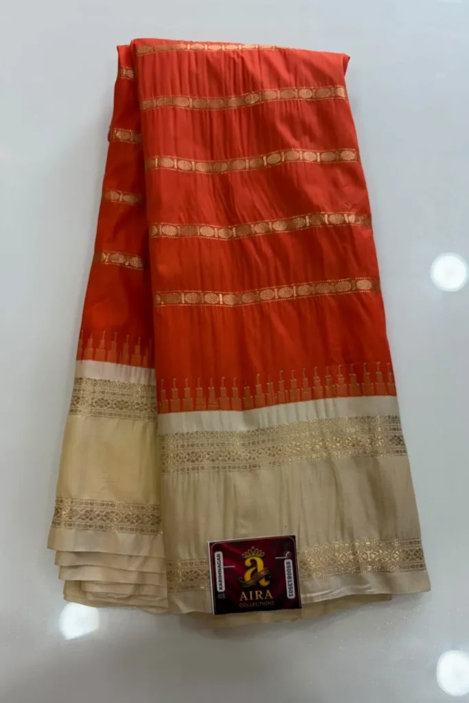 Coral Orange Semi Pattu Saree with Gold Zari Border