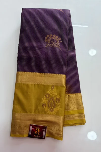 Deep Purple Semi Pattu Saree with gold stripes and mustard gold zari pallu