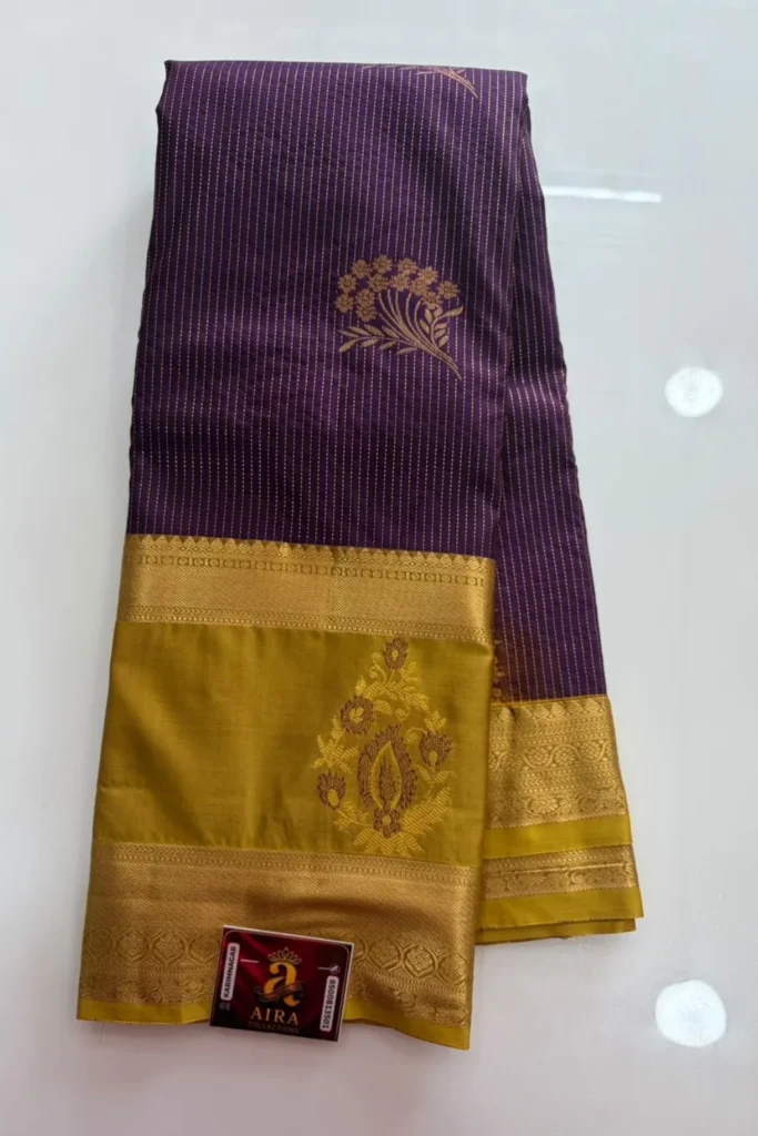 Deep Purple Semi Pattu Saree with Gold Stripes & Mustard Zari Pallu