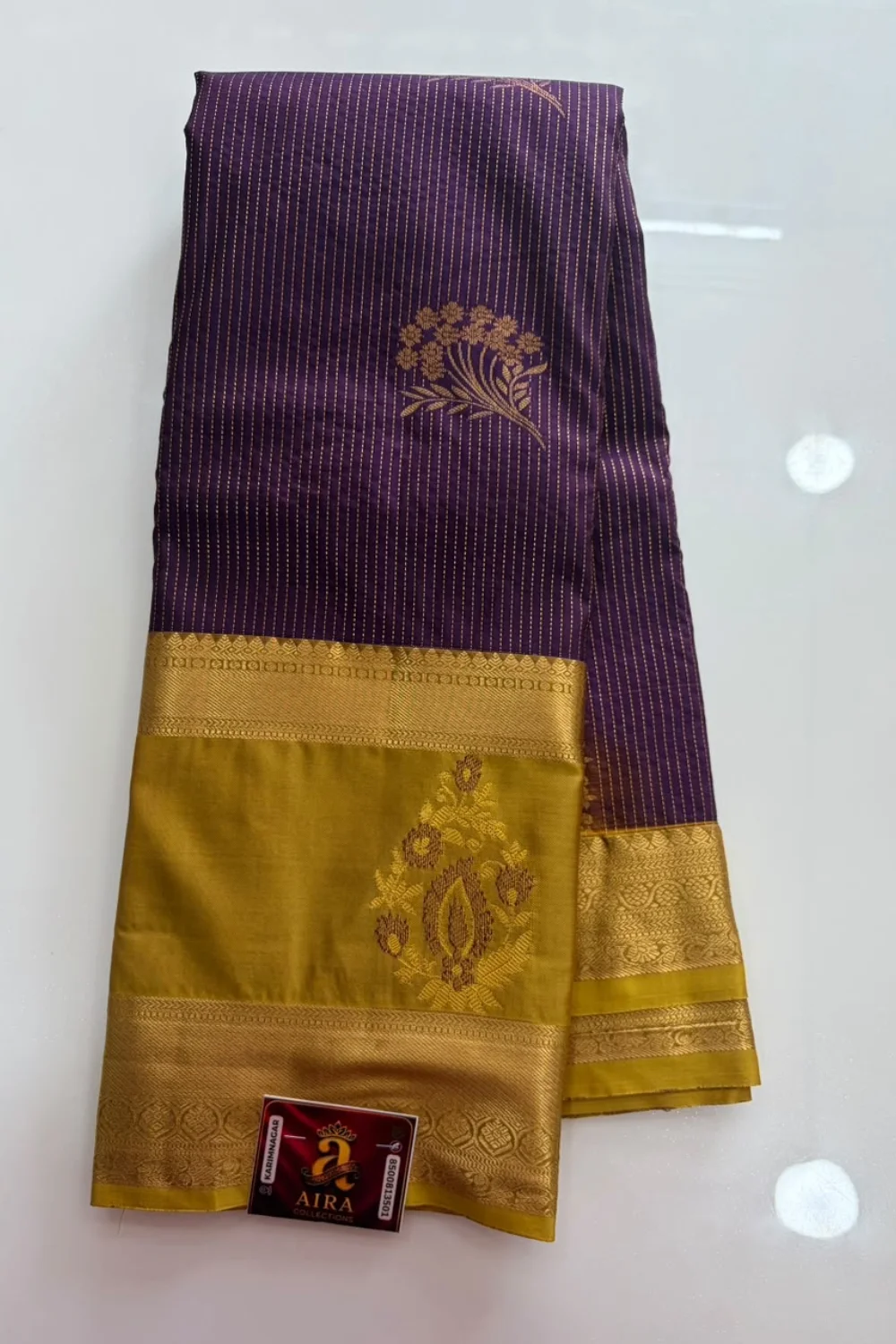Deep Purple Semi Pattu Saree with gold stripes and mustard gold zari pallu