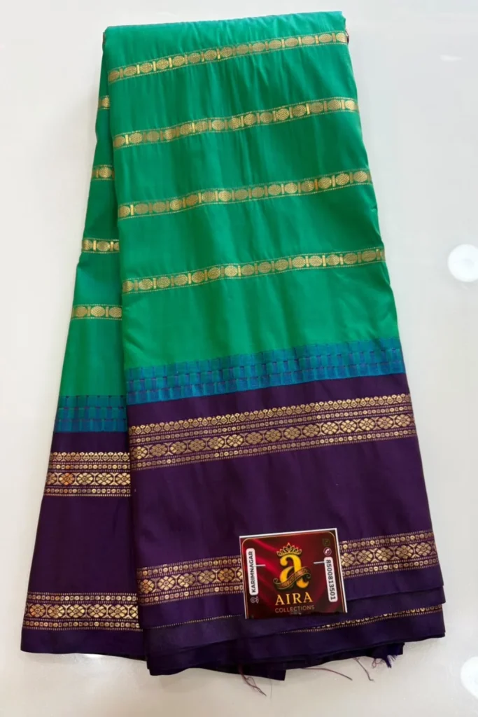 Emerald Green Semi Pattu Saree with Purple Contrast Border