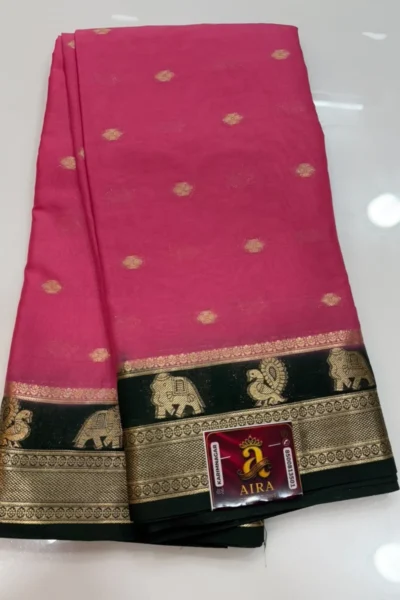 Magenta Mysore Crape Saree with black zari border and gold motifs