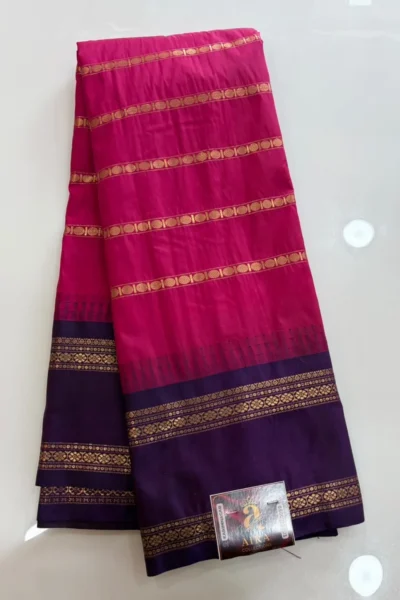 Magenta Semi Pattu Saree with gold zari stripes and purple contrast border